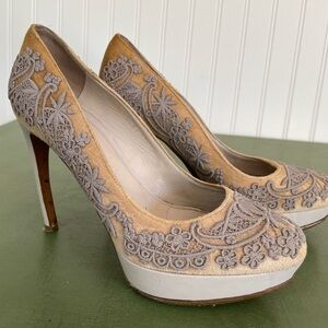 Alexander McQueen Embroidered Closed Toe Platform Heels in Ombre Neutral *Italy*